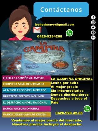 Leche La Campiña al mayor, el precio incluye el despacho.